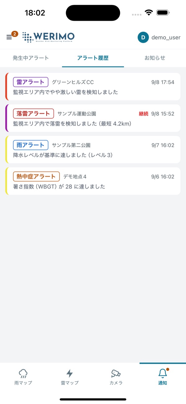 通知画面の「アラート履歴」。届いたアラート通知が新しい順に並び、再通知の行には「継続」が付いている