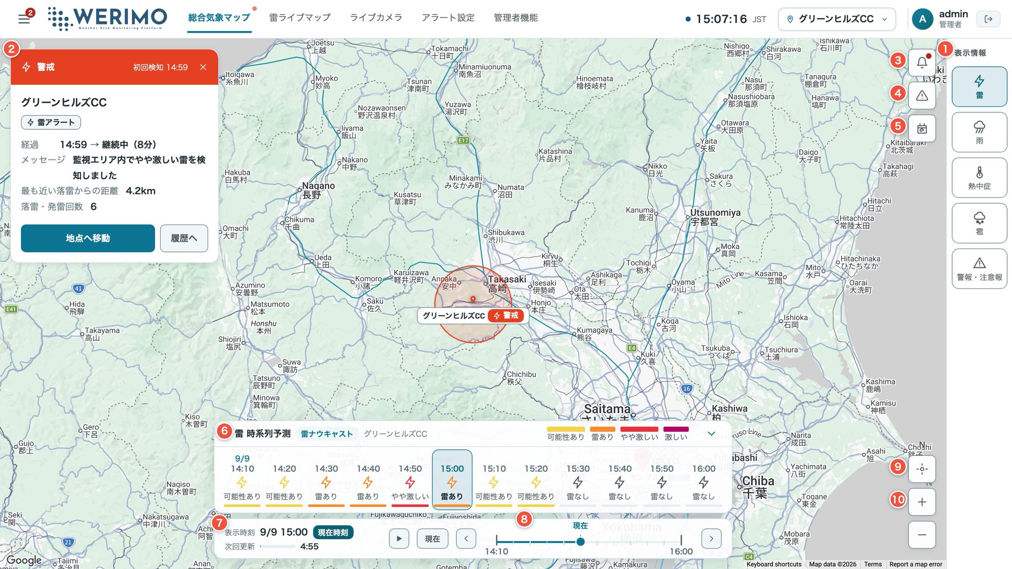 総合気象マップの画面。各部に番号を付けた図